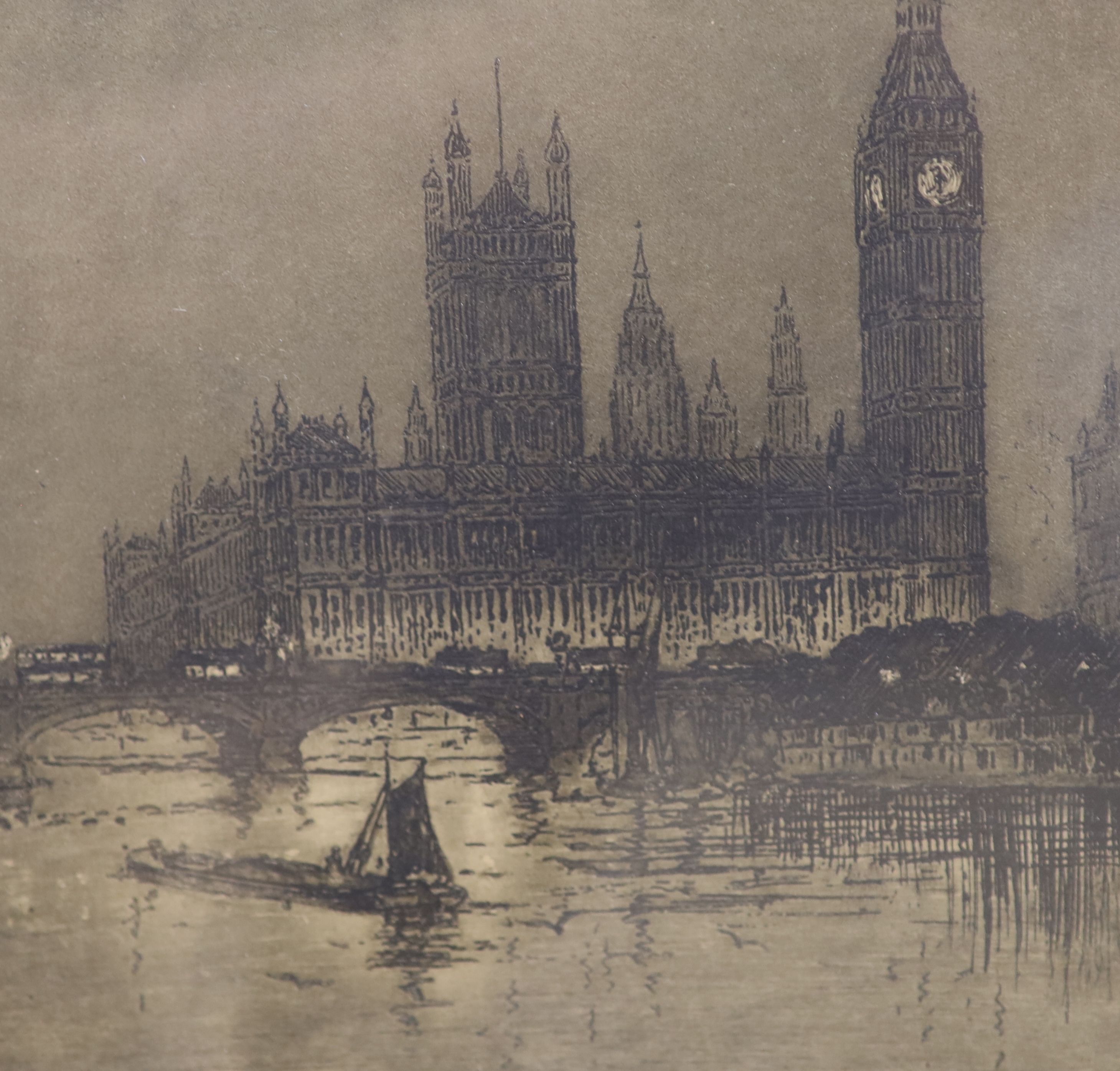 Edgar James Maybery (1877-1966), etching, Tower Bridge, signed in pencil, 12 x 20cm and an L.F. Longstaff etching of Westminster, 17 x 17.5cm